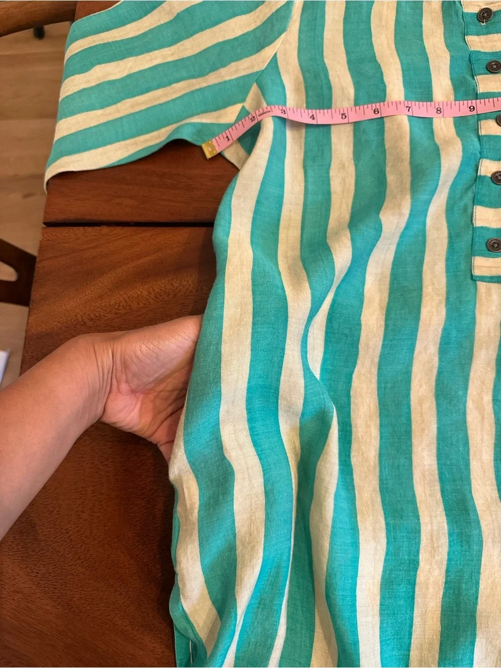 Linen Striped Turquoise and White Tunic Kurta Swimsuit coverup with pockets - Picture 5 of 8